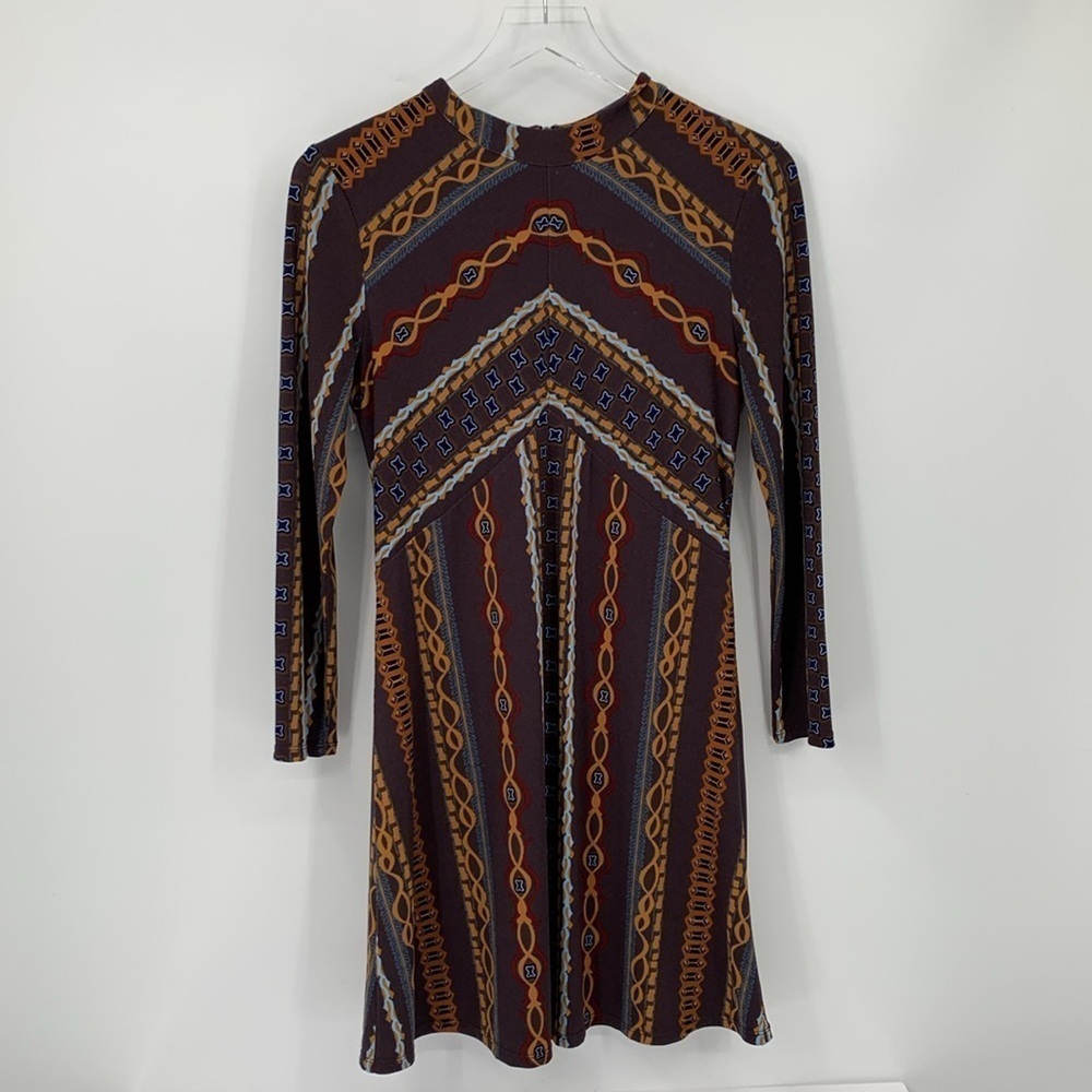 Free People Stella retro mod shift dress chocolate brown chain long sleeve M